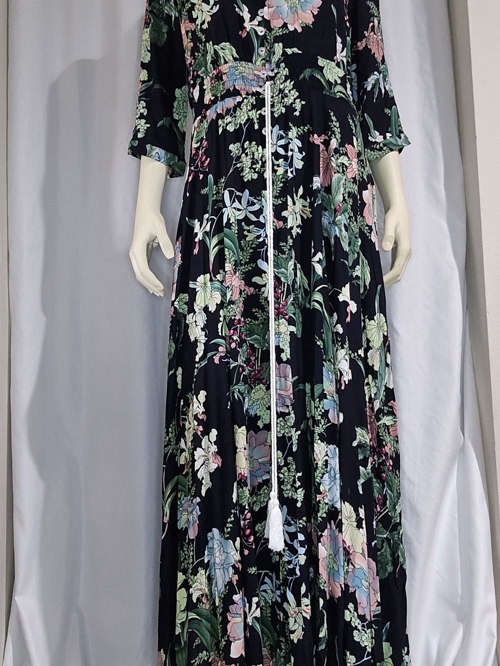 Floral Black Maxi Dress with Pastel Blooms and Tassel Tie